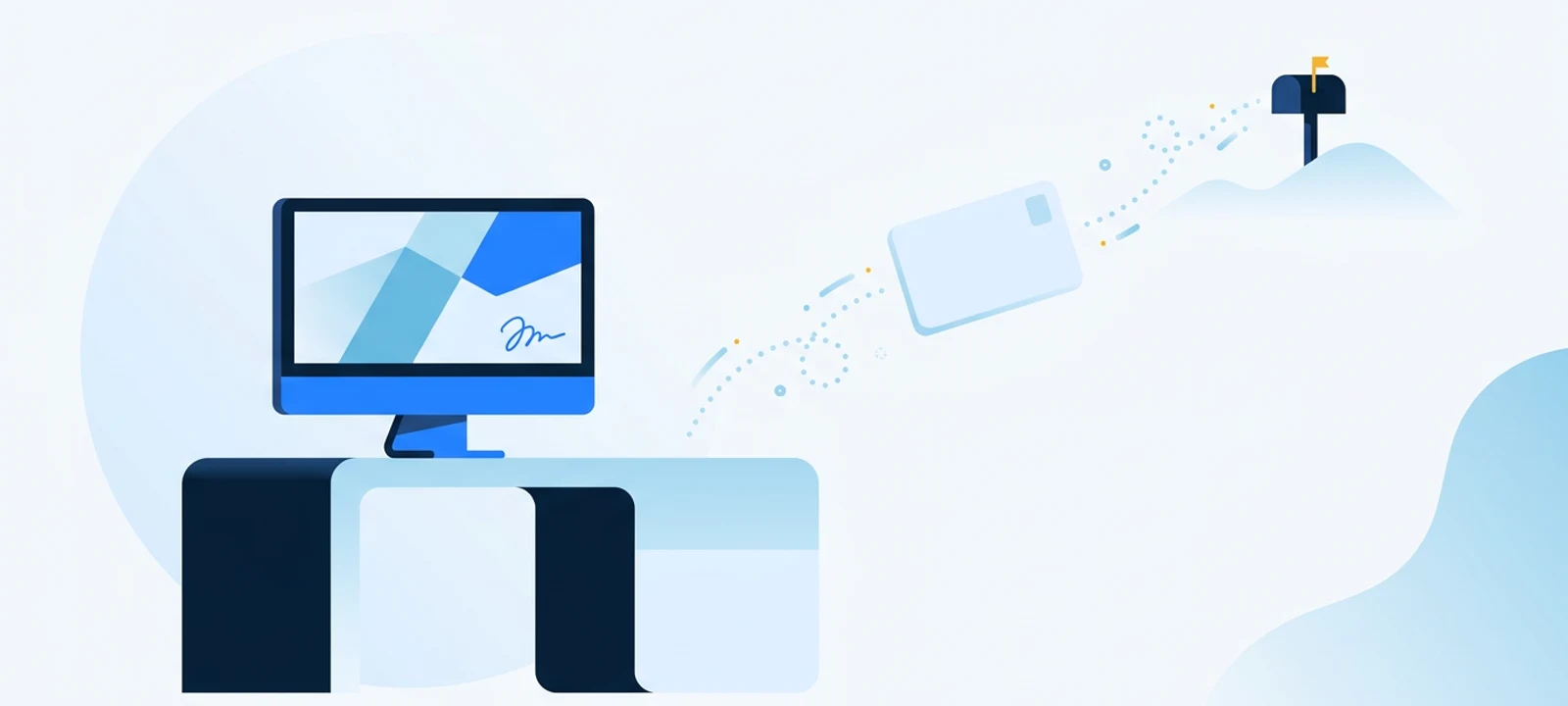 Inkit alternative for direct mail: e-signature document software on a screen while a direct mail postcard departs toward a letterbox, showing Inkit's pivot away from postcard automation
