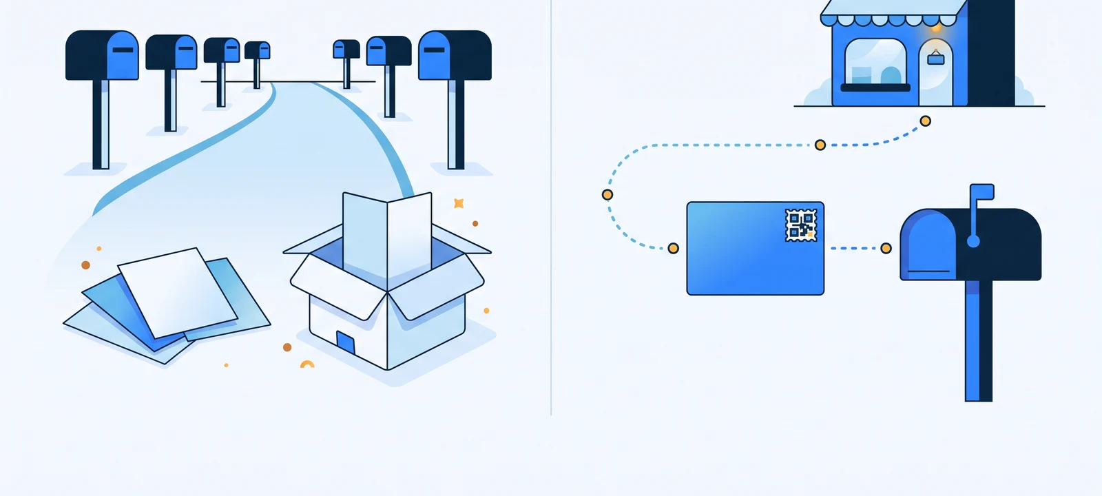 Oppizi alternative for Australian Shopify brands: letterboxes, unaddressed flyers and a parcel insert on one side, and a single addressed postcard travelling from an online store to one letterbox on the other