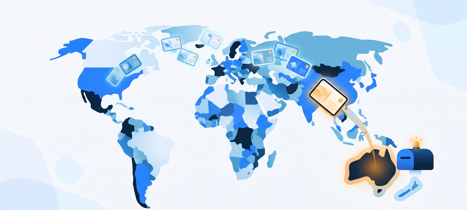 Paper Run alternative for Australian Shopify brands: a self-serve campaign dashboard sending a postcard to an Australian letterbox, beside a map area Paper Run's US, UK and European coverage does not reach