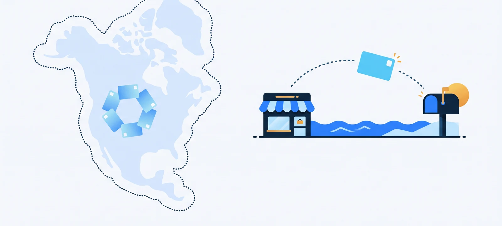 Poplar alternative for Australian Shopify brands: postcards circling inside a US map outline while one postcard flies from an online store across the ocean to an Australian letterbox