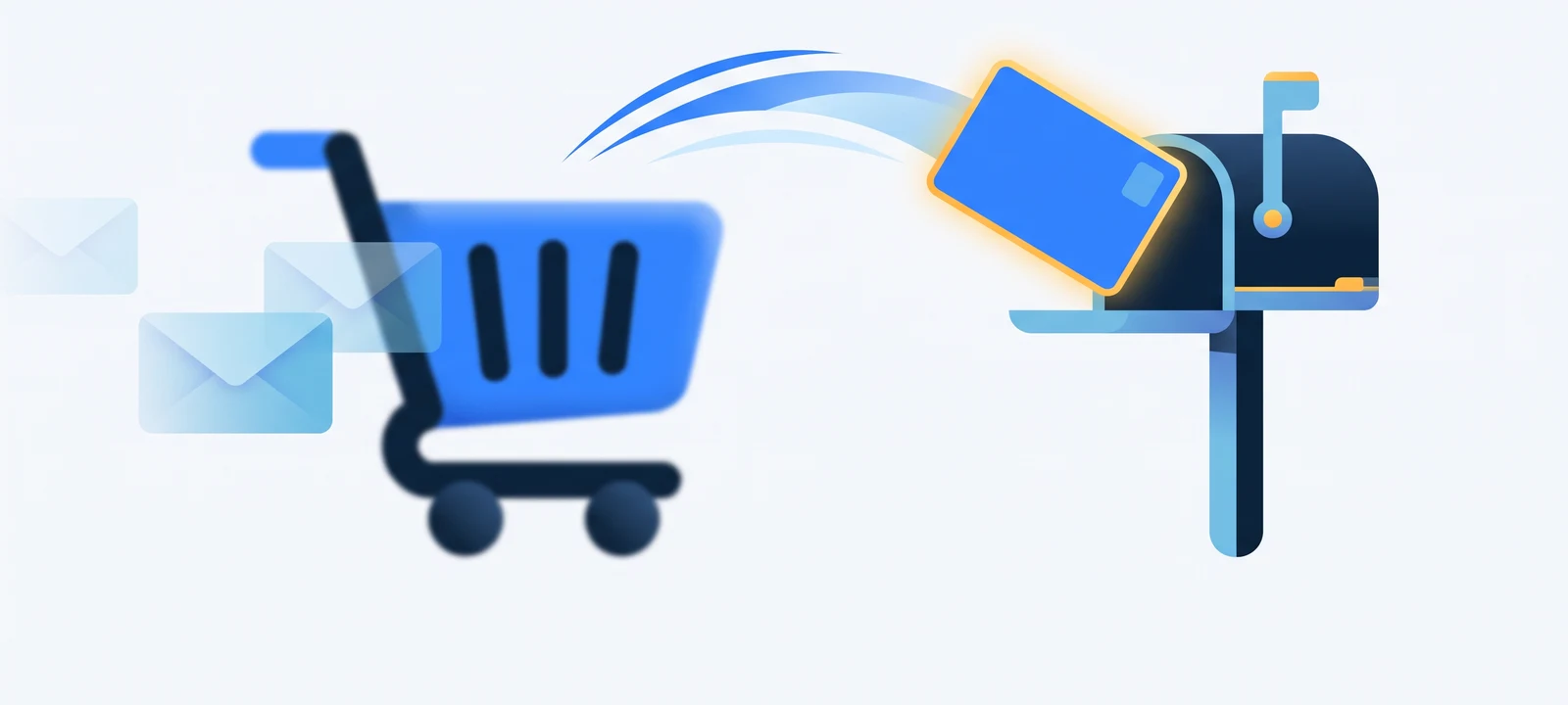 A postcard arcing from an abandoned shopping cart past faded email envelopes into a letterbox, illustrating direct mail as the second wave of cart recovery