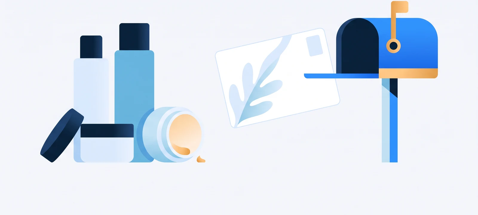 Skincare bottles beside a postcard showing a matching product illustration dropping into an Australian letterbox, illustrating direct mail for beauty brands