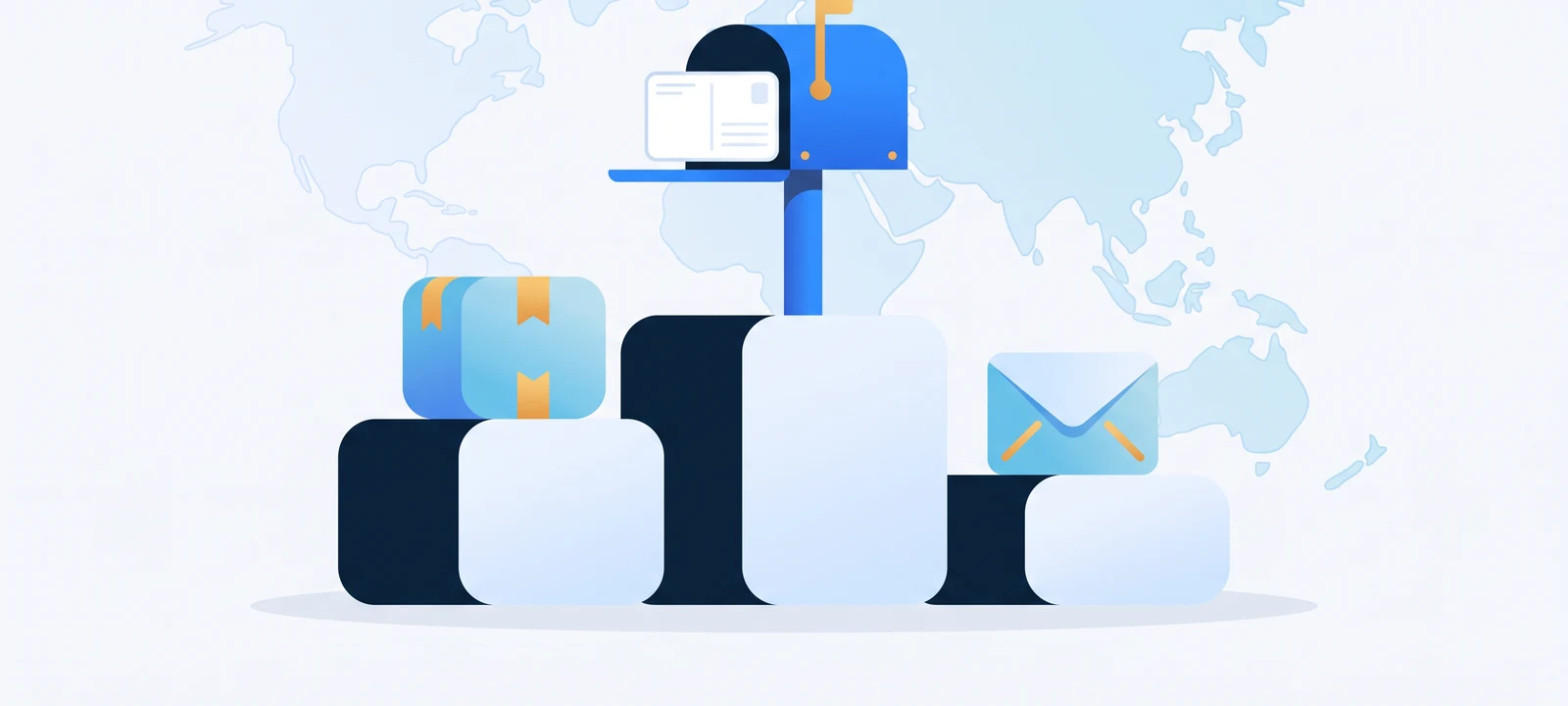 A podium of postcards with an Australian letterbox in first place among international mail motifs, illustrating a ranked comparison of direct mail platforms for Australia