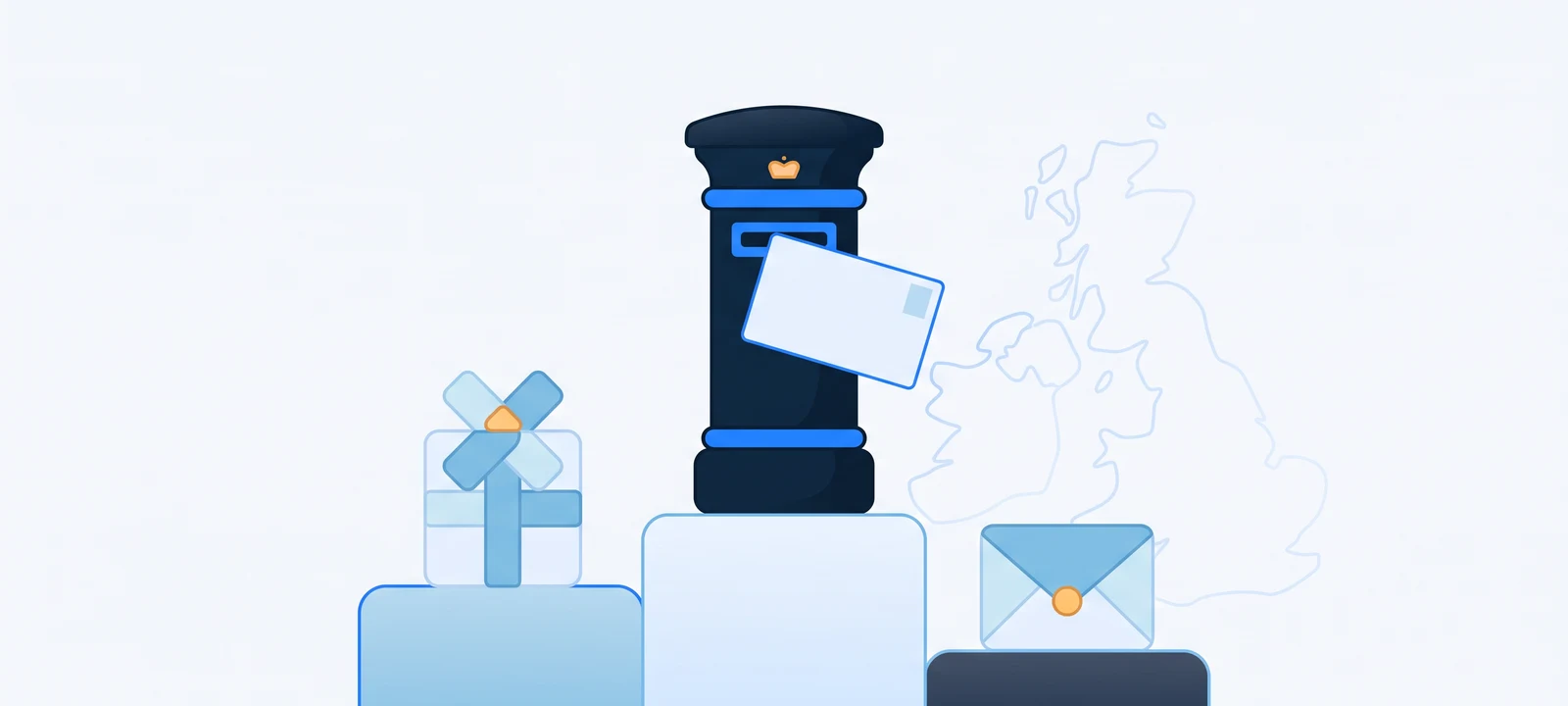A podium of postcards with a British pillar post box in first place among parcel and envelope motifs, illustrating a ranked comparison of direct mail platforms for UK Shopify brands