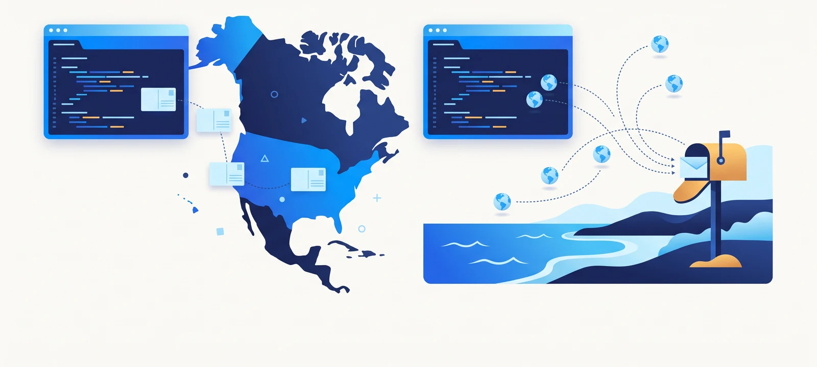 Lob vs PostGrid: two developer API consoles side by side, one routing postcards across a US map and one routing them to several countries including Australia