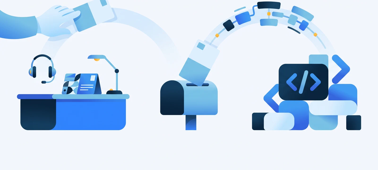 PostPilot vs Lob: a managed direct-mail service desk on one side and developer API code blocks on the other, both feeding postcards into a US mailbox