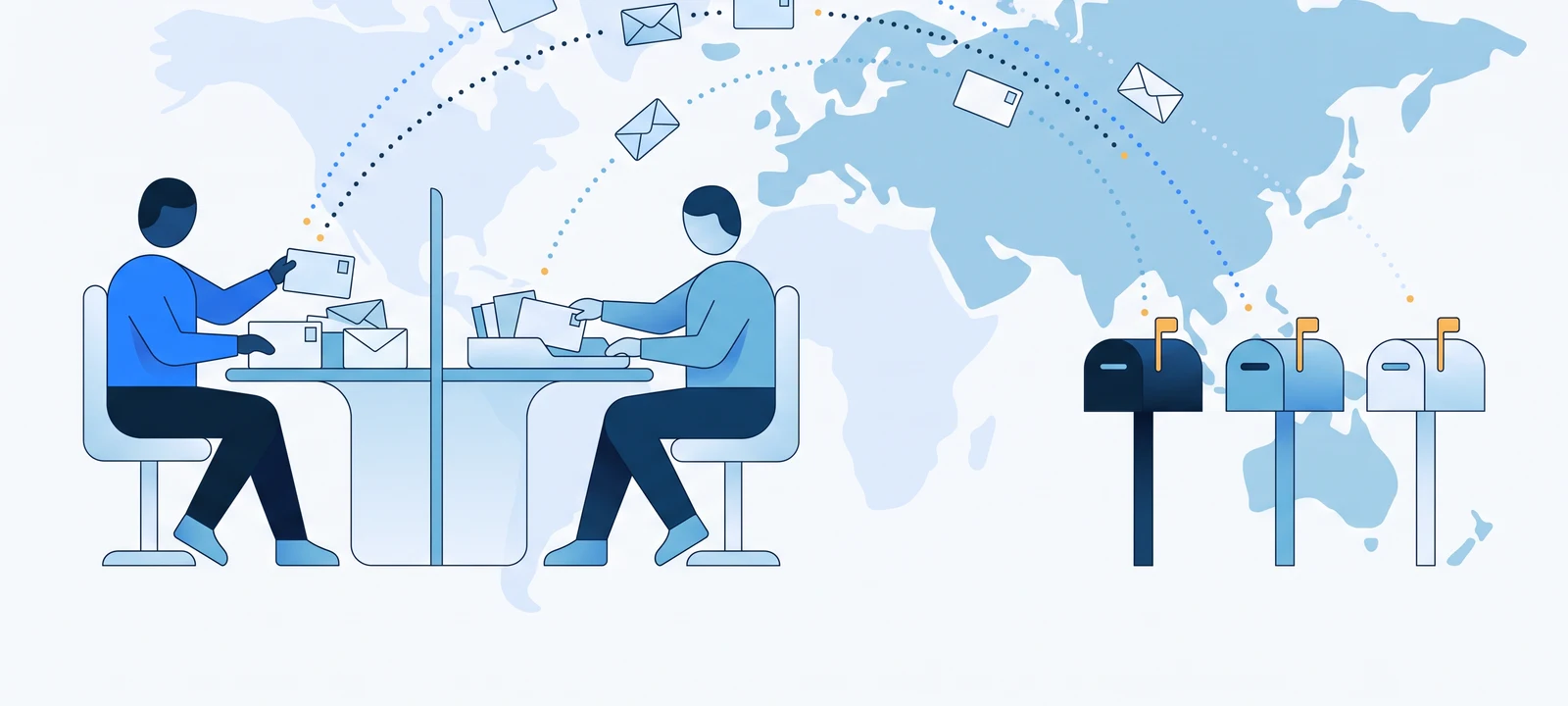 PostPilot vs Paper Run: two managed direct-mail teams at adjoining desks preparing postcards for US, UK and European letterboxes