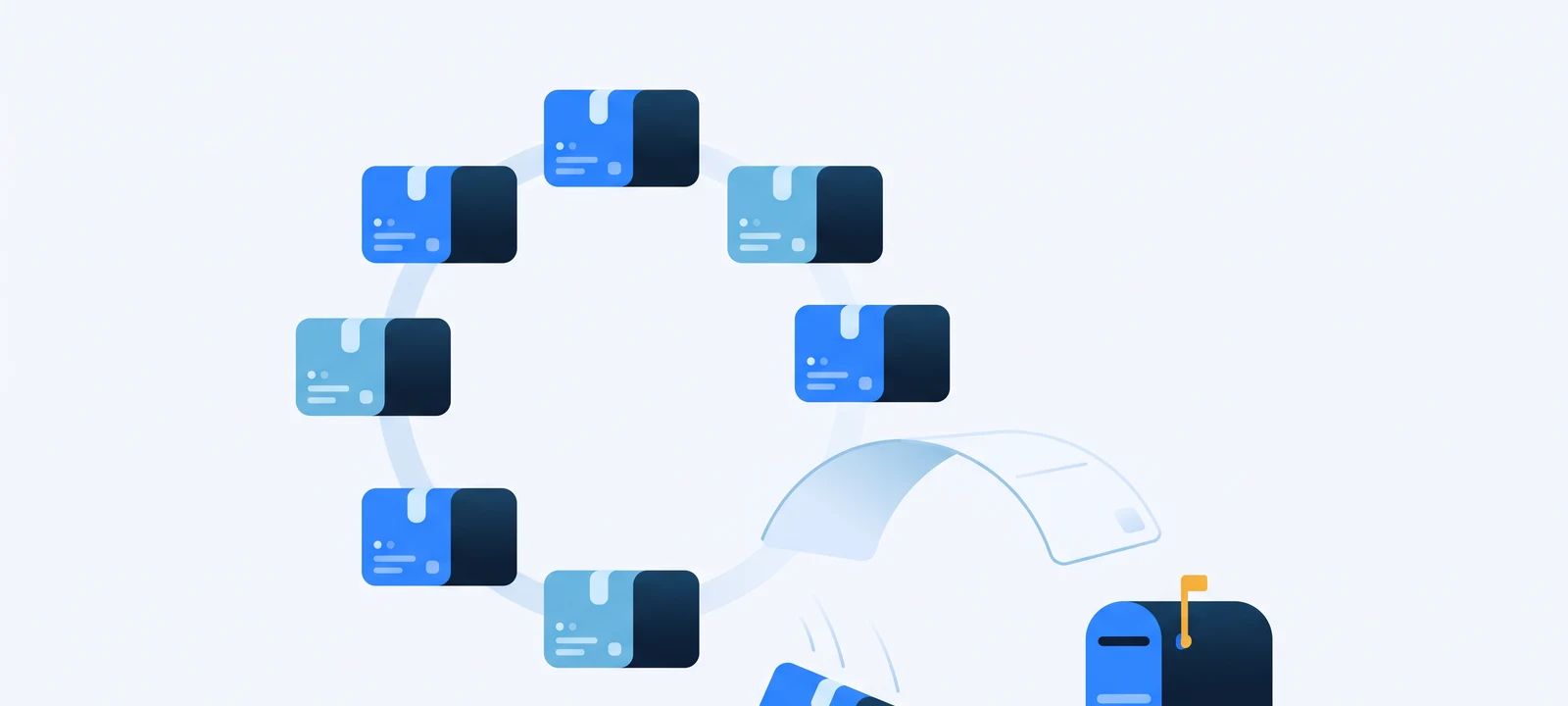 A postcard bridging a gap in a loop of subscription boxes and dropping into an Australian letterbox, illustrating direct mail winbacks for subscription brands