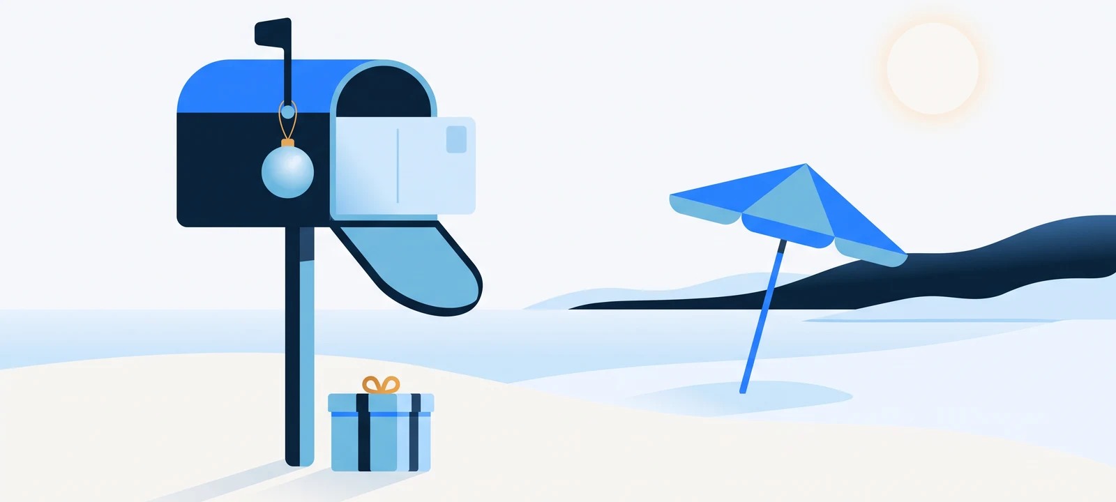 An Australian summer Christmas: a letterbox with a bauble on its flag receiving a postcard, beach umbrella and sun behind, one wrapped gift at the post