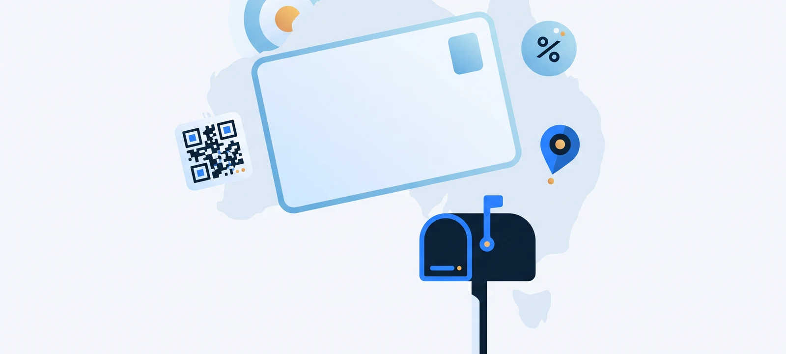 An oversized blank postcard floating above an Australian letterbox, orbited by a QR tile, a discount tag and a map pin, against a stylised map of Australia