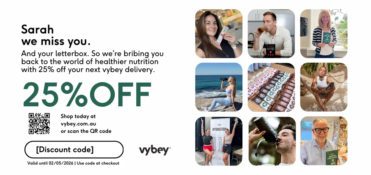 vybey win-back postcard design reading 'Sarah, we miss you' with 25% off the next vybey delivery, a QR code and a box for the customer's discount code, beside a grid of lifestyle photos